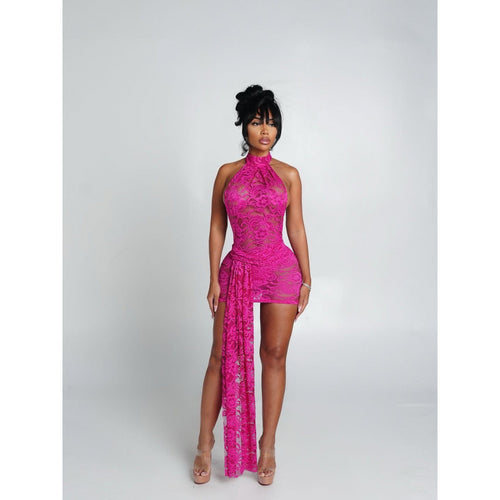 Damen Neckholder Minikleid mit raffiniertem Spitzenmuster und asymmetrischem Saum EB