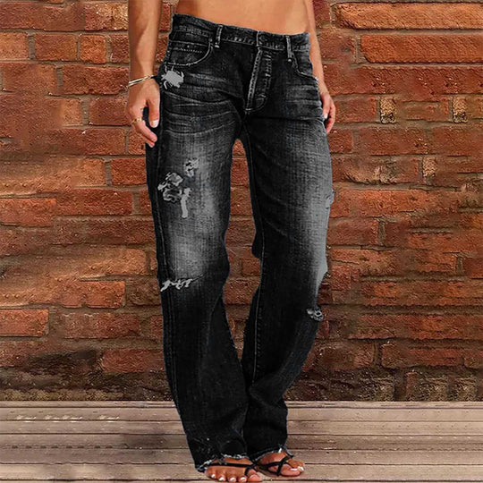 Damen nan weite zerrissene Jeans mit hoher Taille Relaxed Fit und ausgefranstem Saum EB