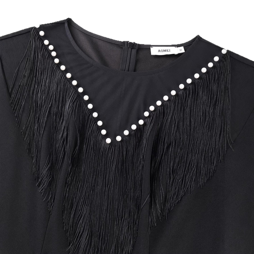 Damen Fransenkleid mit transparenten Ärmeln und Perlenakzenten EB