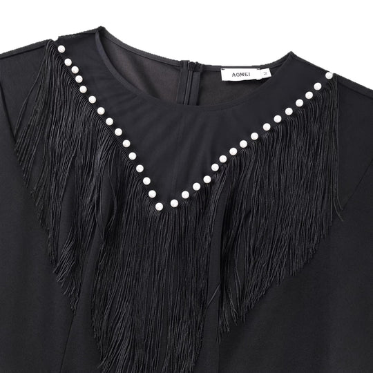 Damen Fransenkleid mit transparenten Ärmeln und Perlenakzenten EB