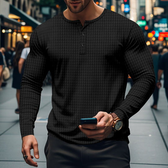 Herren nan figurbetontes Langarmshirt mit Rundhals-Knopfleiste und Waffelstruktur EB