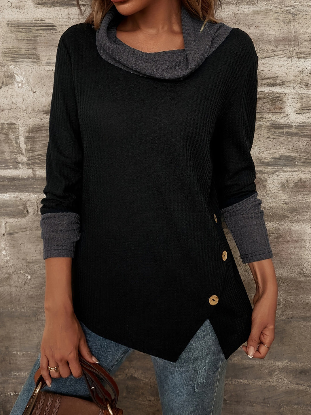 Damen Langarmshirt mit weitem Kragen und strukturiertem Obermaterial EB
