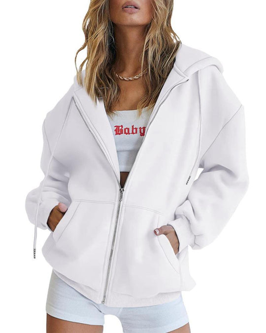 Damen nan Oversize-Zip-Hoodie mit Kapuze Kängurutaschen und weichem French-Terry EB