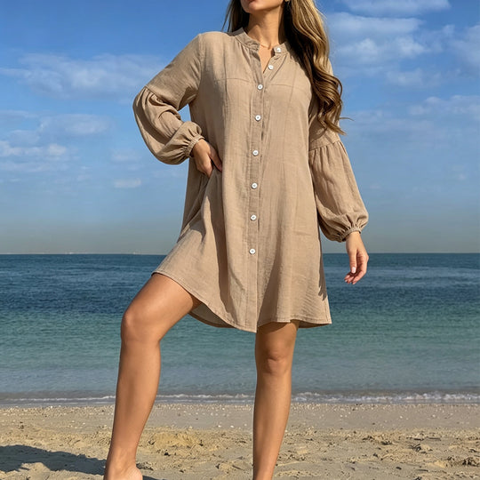 Damen lässiges Strandhemdkleid mit Knopfleiste und ballonförmigen Ärmeln EB