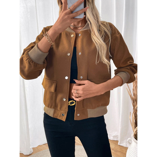 Damen modische Overshirt-Jacke mit Druckknopfverschluss und seitlichen Taschen EB