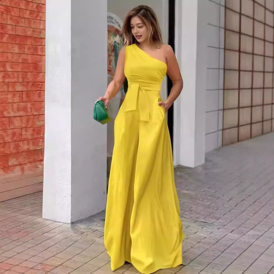 Damen Eleganter Ein-Schulter Jumpsuit mit Gürtel und weitem Bein EB