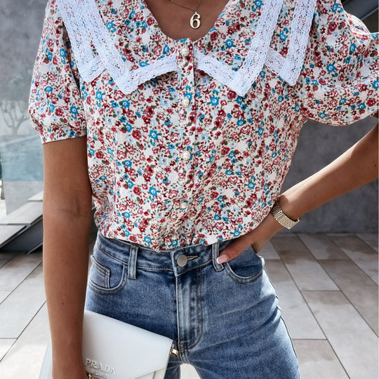 Damen Vintage-inspirierte Blumenbluse mit Spitzenkragen EB
