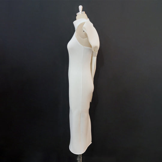 Damen Elegantes Midi-Kleid mit asymmetrischem Halsausschnitt und innovativem Rüschendetail EB
