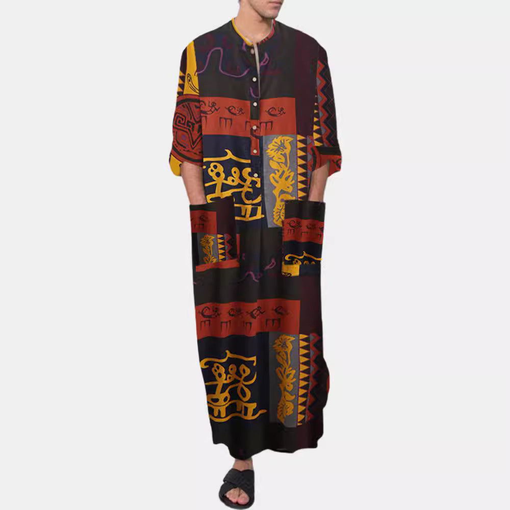Damen nan Ethno-Maxikleid mit Stehkragen, kurzer Knopfleiste, überschnittenen Ärmeln und A-Linien-Schnitt EB