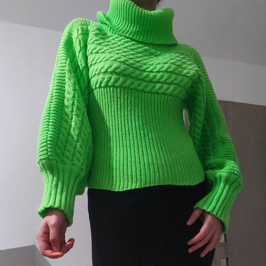Damen Lockere Strickpullover mit hohem Kragen und ausgefallenem Zopfmuster EB