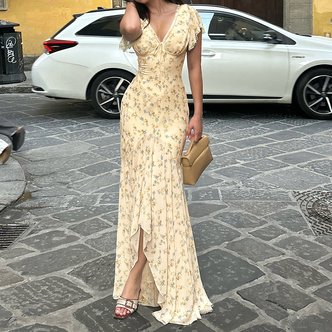 Damen Maxikleid mit romantischem Blumenmuster und verspieltem V-Ausschnitt EB