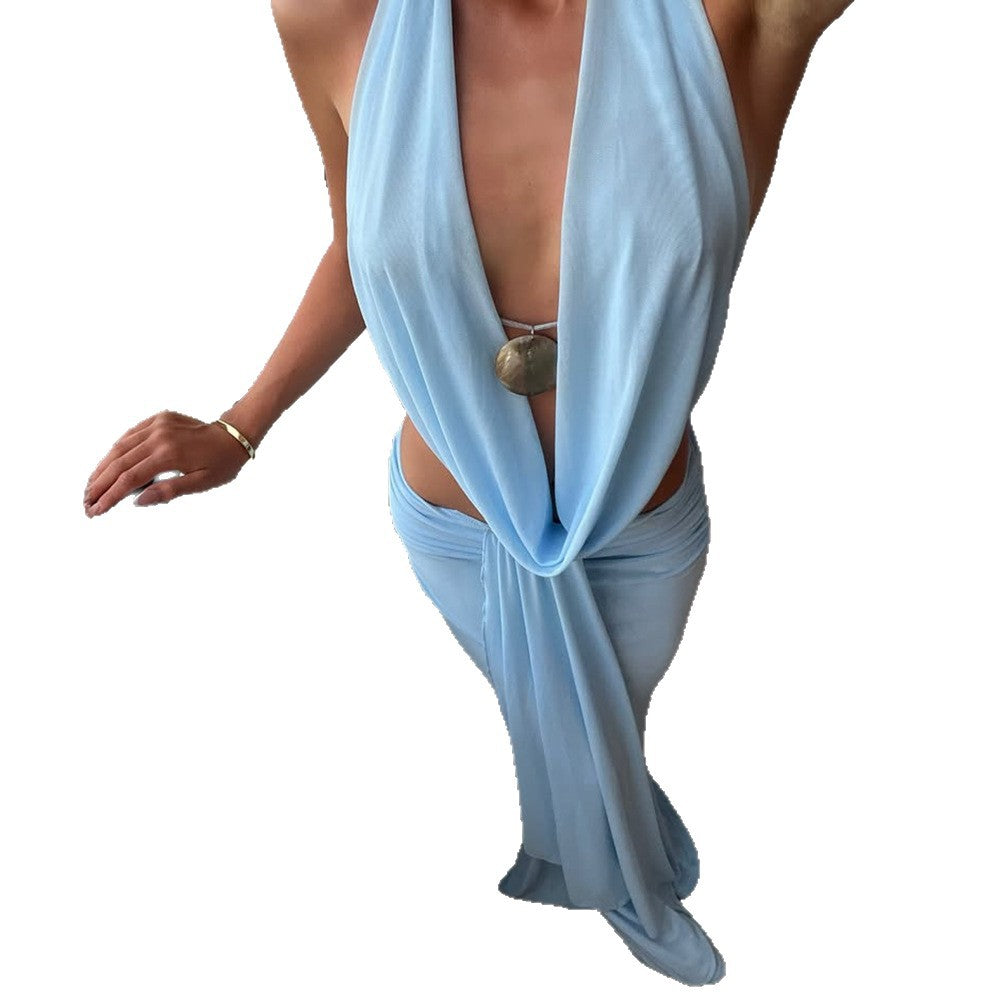 Damen Elegantes und raffiniertes Maxikleid mit tiefem Ausschnitt und Drapierung EB