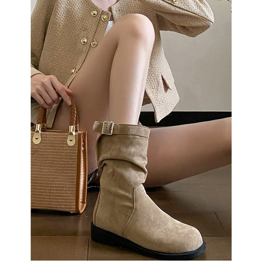 Damen Trendige Stiefel mit modischem Falten-Design und dekorativem Schnallenverschluss EB