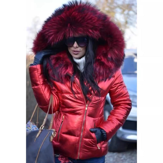 Damen Modische Steppjacke mit Kunstpelzkragen EB