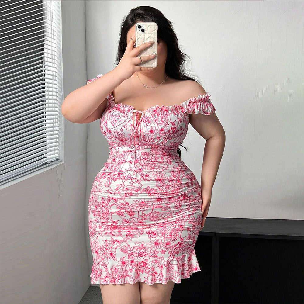 Damen Figurbetontes Minikleid mit Rüschendetails und floralem Muster EB
