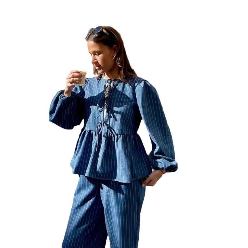 Damen modisches Denim-Oberteil mit taillierter Silhouette und Volant EB
