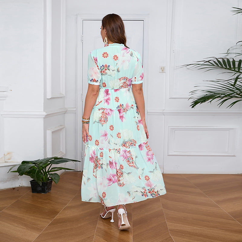 Damen Bohemian Maxikleid mit voluminösem Rock und floralem Design EB