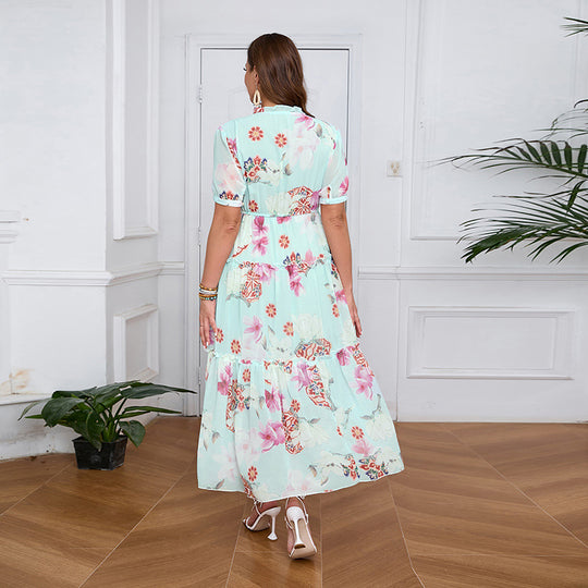Damen Bohemian Maxikleid mit voluminösem Rock und floralem Design EB
