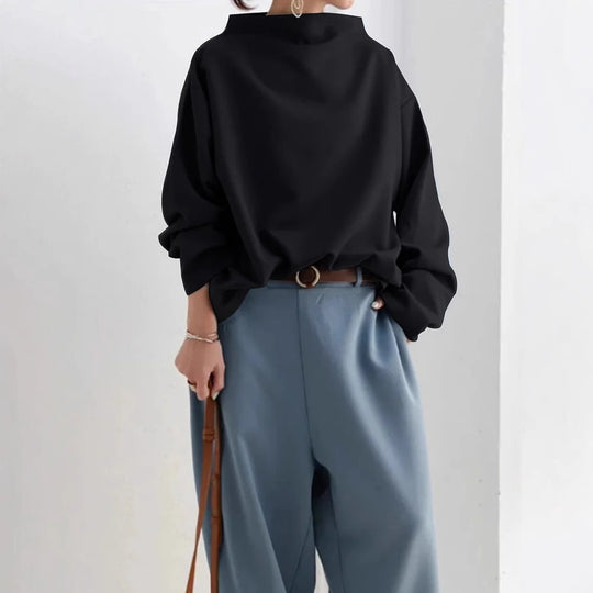 Damen nan lässige Oversize Bluse mit U-Boot-Ausschnitt und voluminösen Ballonärmeln EB
