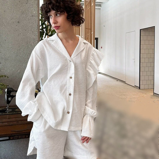 Damen Lässiges Kurzarm-Pyjama-Set mit Rüschendetails EB