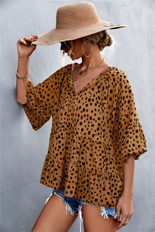 Damen lässige Bluse mit voluminösen Ärmel und modischem Punktmuster EB