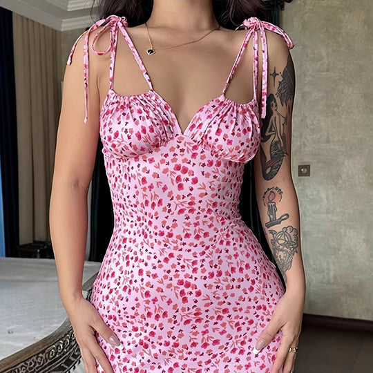 Damen Blumenmuster Maxikleid mit Figurbetontem Schnitt und Spaghetti-Trägern EB