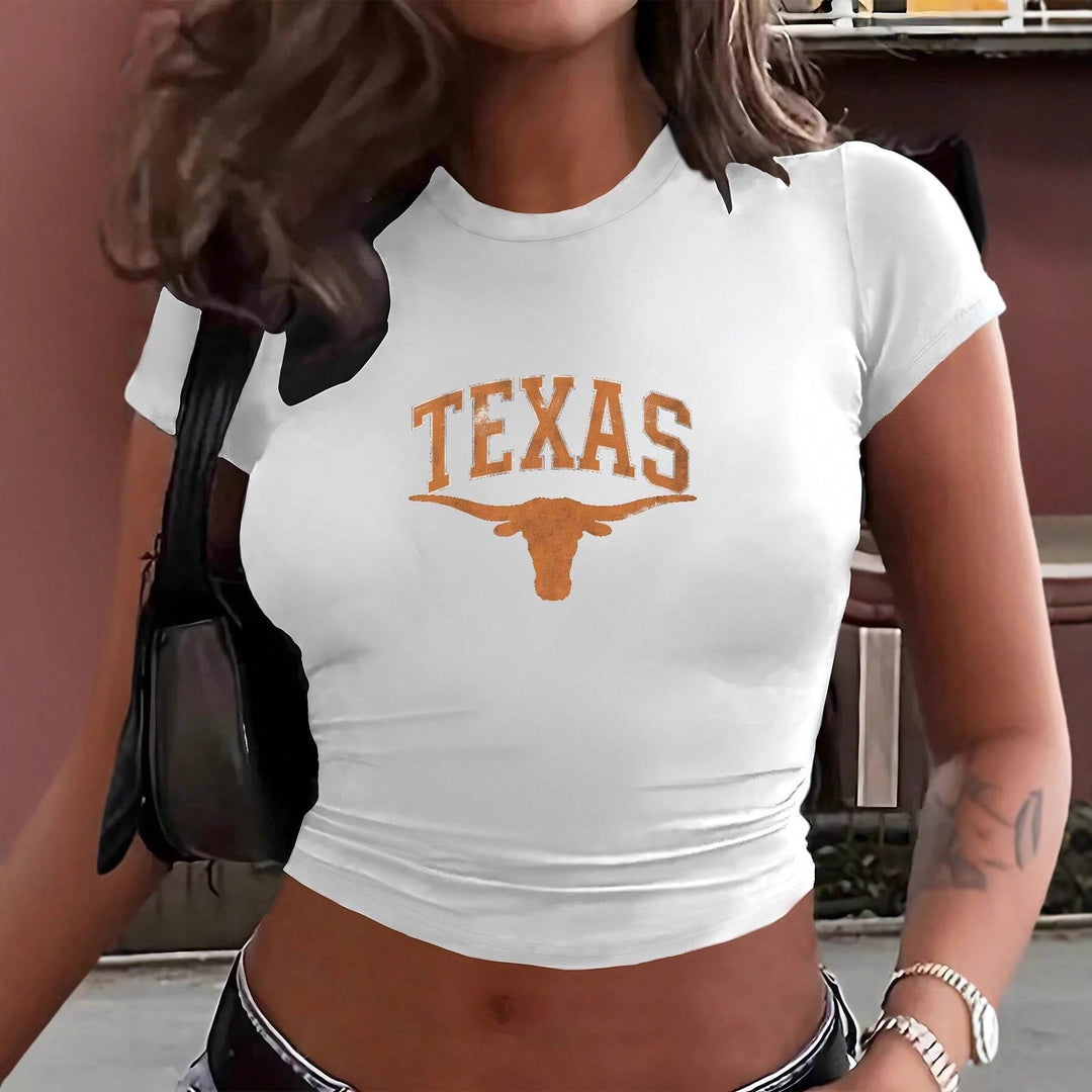 Damen Crop-T-Shirt mit kreativem Texas-Design und figurbetontem Schnitt EB