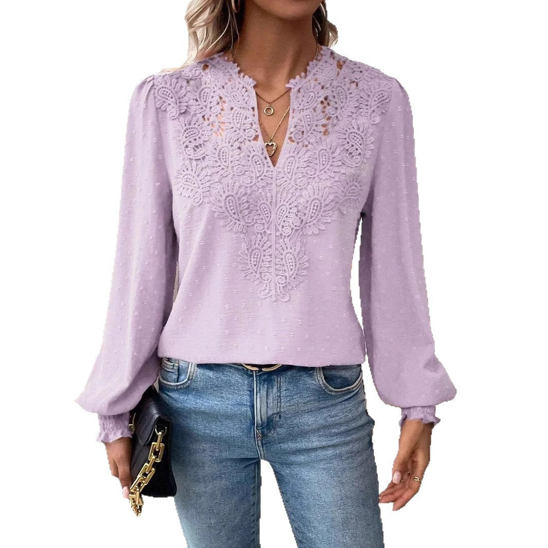 Damen nan Spitzenapplikation V-Ausschnitt Bluse mit Strukturpunkt, gerafften Manschetten und leicht taillierter Silhouette EB