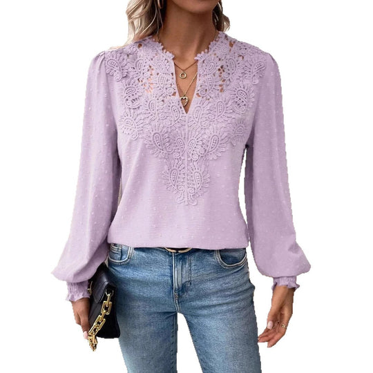 Damen nan Spitzenapplikation V-Ausschnitt Bluse mit Strukturpunkt, gerafften Manschetten und leicht taillierter Silhouette EB