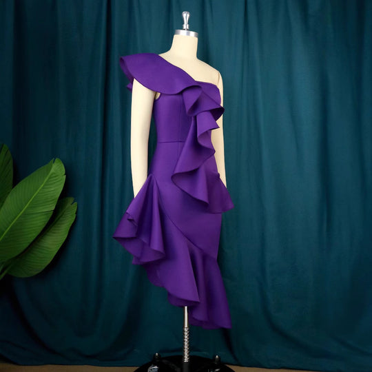 Damen Elegantes Maxi Kleid mit asymmetrischem Rüschendesign EB