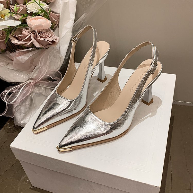 Damen elegante Slingback-Pumps mit spitzer Kappe und glänzender Oberfläche EB