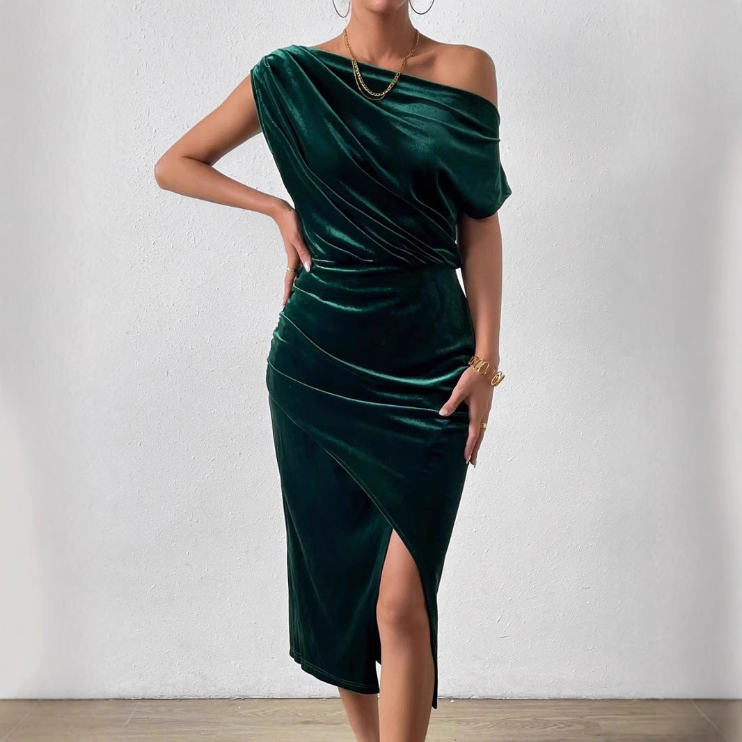 Damen Elegantes Schulterfreies Midikleid im Fließenden Design EB