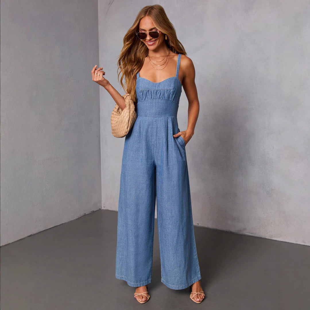 Damen lässiger Denim-Jumpsuit mit elegantem Bustier-Oberteil und weitem Bein EB