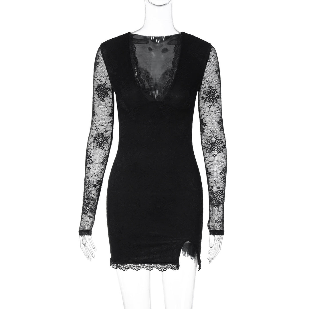 Damen Elegantes Spitzenkleid mit tiefem V-Ausschnitt und langen Ärmeln EB