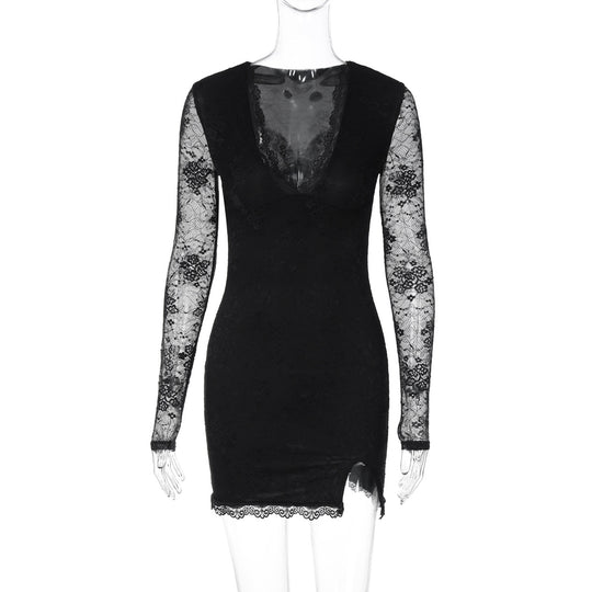 Damen Elegantes Spitzenkleid mit tiefem V-Ausschnitt und langen Ärmeln EB