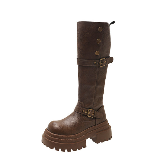 Damen hohe Stiefel mit modischem Schnallendesign und robustem Sohlenprofil EB