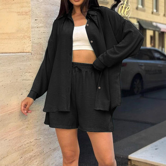 Damen lässiges Kurzarm-Set mit geknöpfter Bluse und bequemen Shorts EB