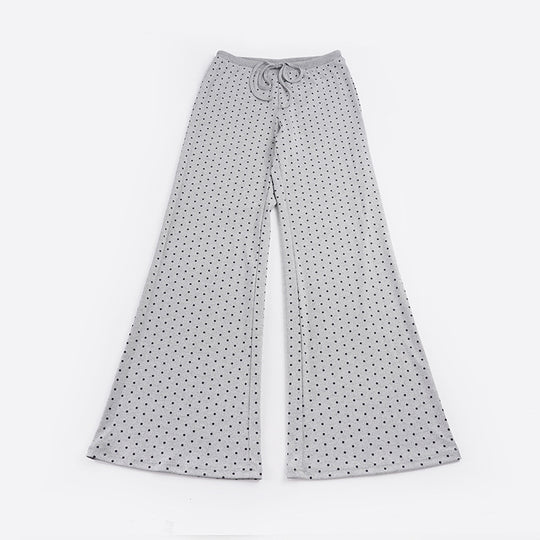 Damen nan gemütliche Highwaist-Loungehose mit weitem Schlag, elastischem Komfortbund, Kordelzug und dezentem Punkte-Print EB