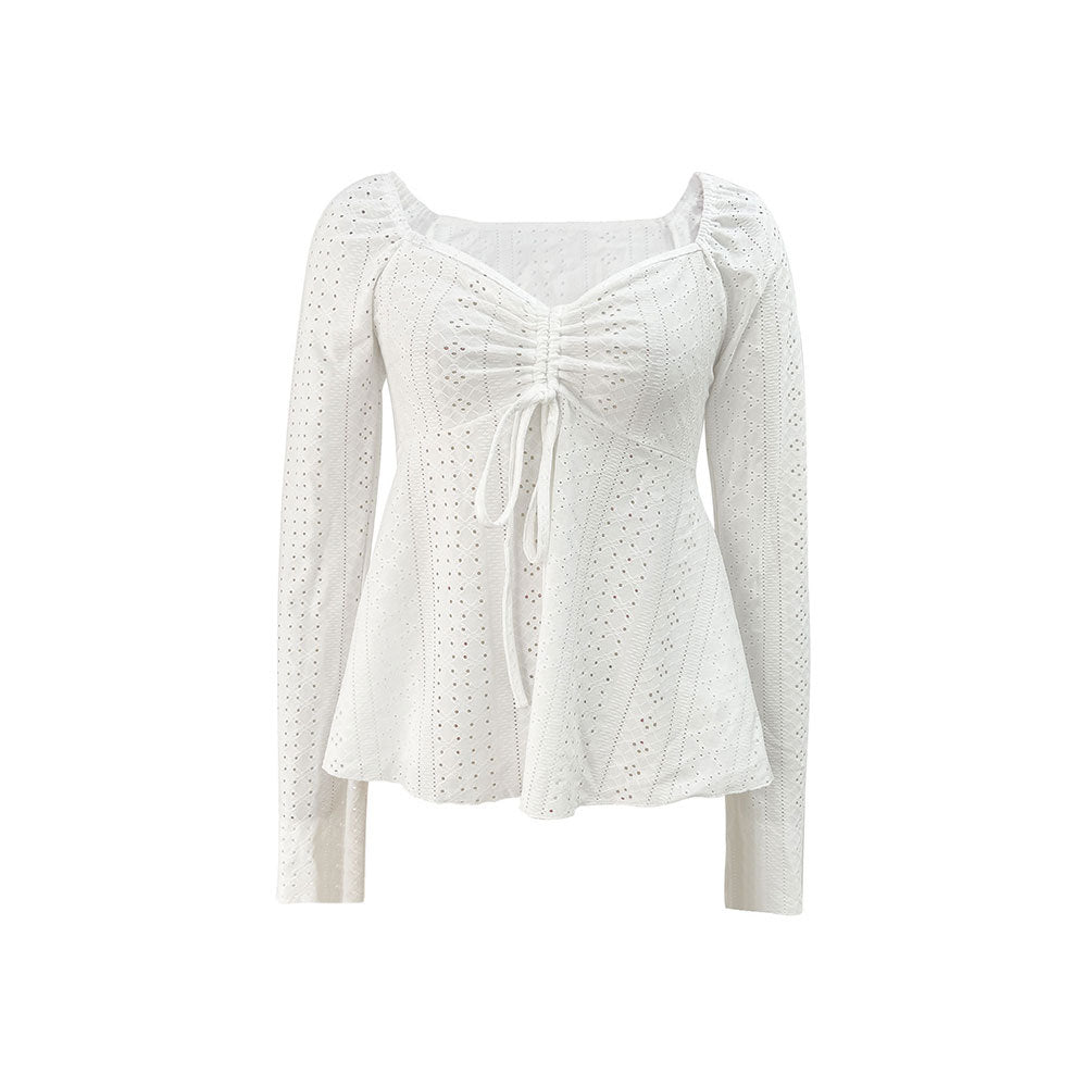 Damen besticktes Broderie-Anglaise Langarm-Top mit Raffung, V‑Ausschnitt‑Effekt und tailliertem Schößchen Eichborn Berlin