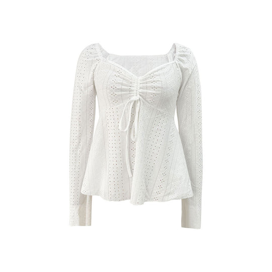 Damen besticktes Broderie-Anglaise Langarm-Top mit Raffung, V‑Ausschnitt‑Effekt und tailliertem Schößchen Eichborn Berlin