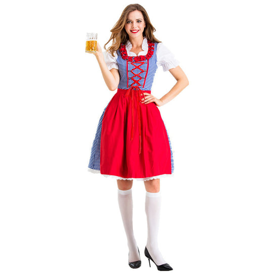 Damen nan Karo-Dirndl mit geschnürter Miederfront, Rüschenkragen und taillierter Schürze EB