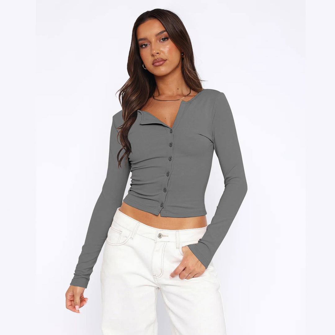 Damen figurbetontes Langarmshirt mit Knopfleiste EB