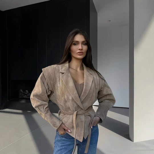 Damen schicke Wollblazerjacke mit Taillengürtel EB