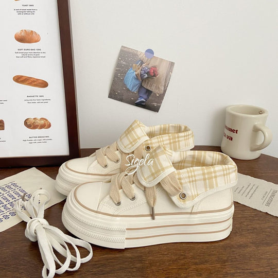Damen Plateau-Sneaker mit verstellbarem Knöchelriemen und kariertem Innenfutter EB