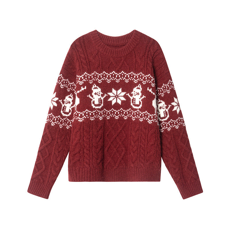Damen Weihnachts-Pullover mit festlichem Zopfmuster und Schneemann-Motiv EB