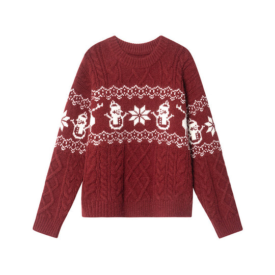 Damen Weihnachts-Pullover mit festlichem Zopfmuster und Schneemann-Motiv EB