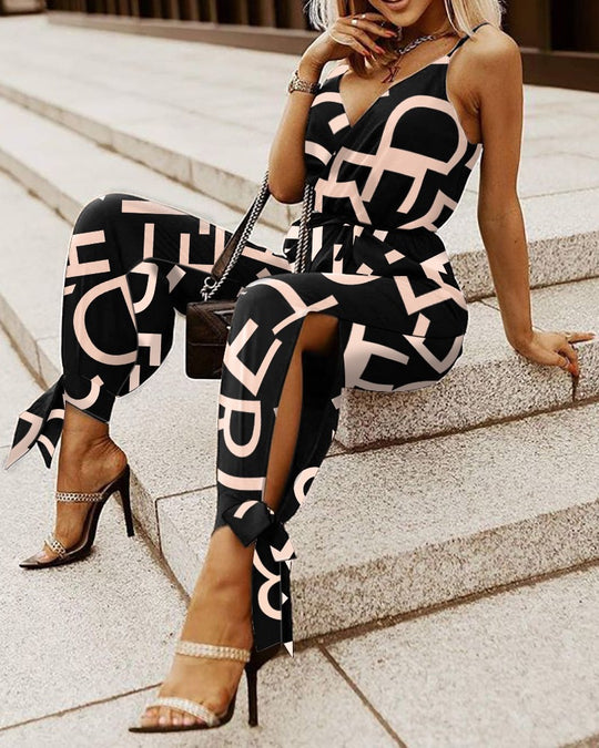 Damen Modischer Jumpsuit mit tiefem V-Ausschnitt und elegantem Druck EB
