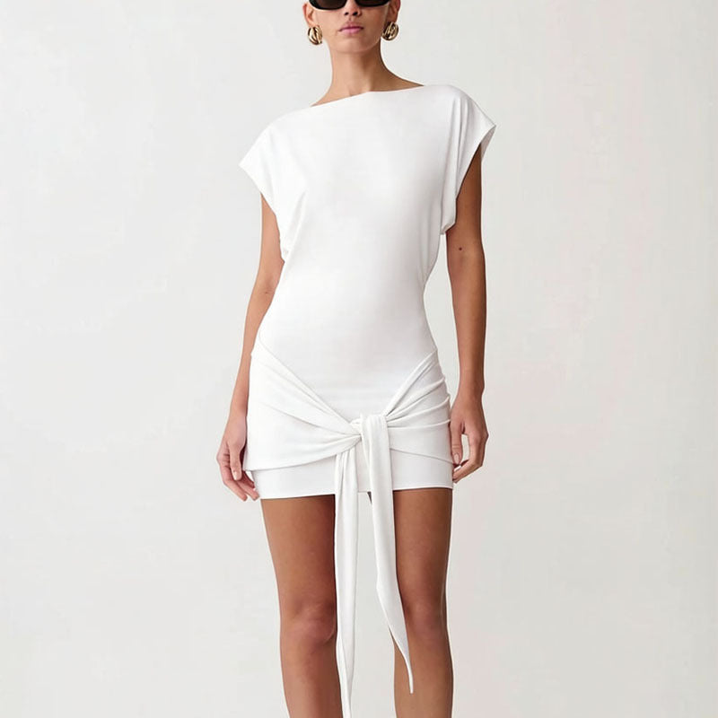 Damen Raffiniertes Minikleid mit angeschnittenem Ausschnitt und seitlichem Knoten EB