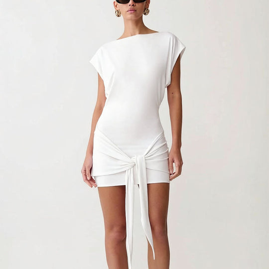 Damen Raffiniertes Minikleid mit angeschnittenem Ausschnitt und seitlichem Knoten EB