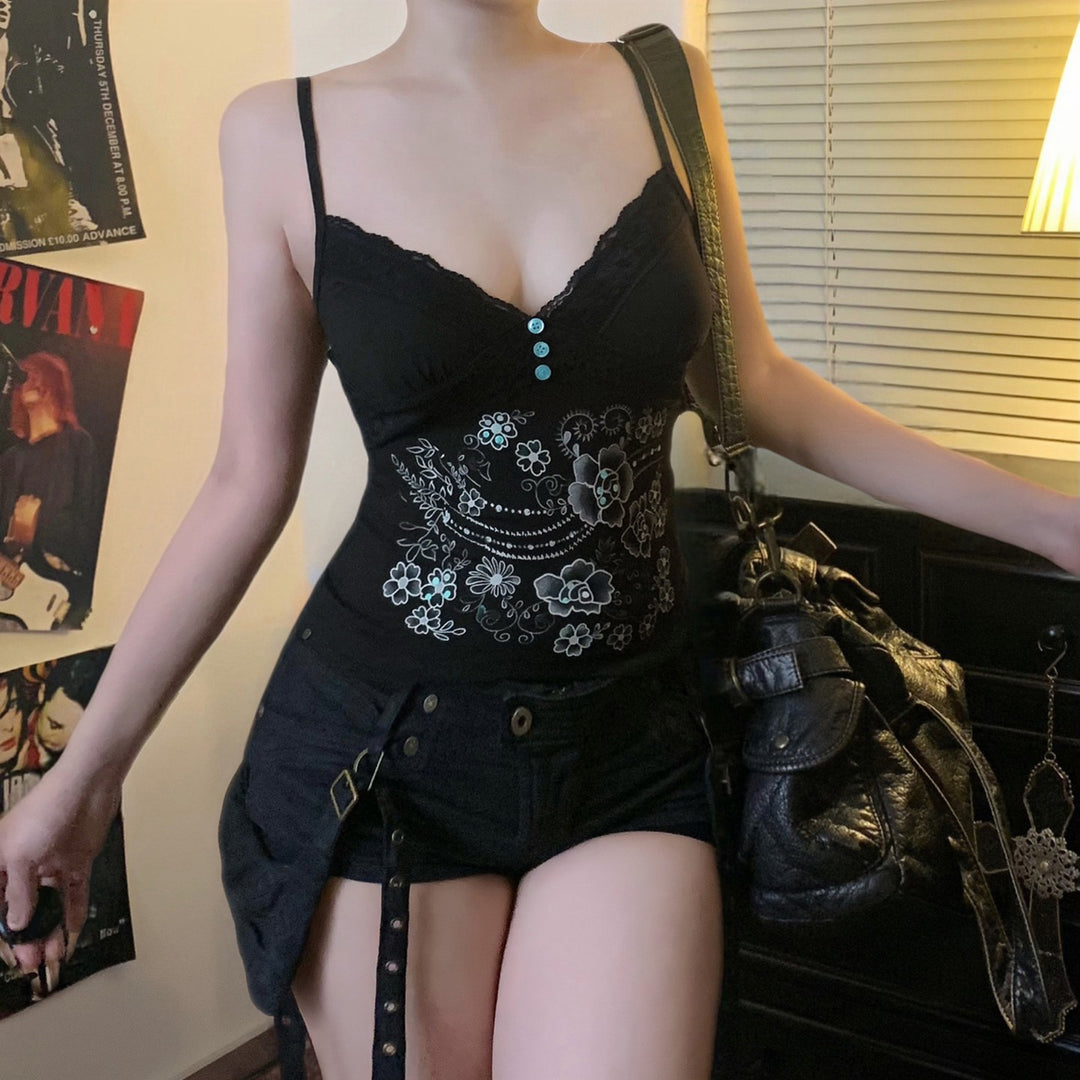 Damen Spitzentop mit floralem Design und dekorativen Knöpfen EB